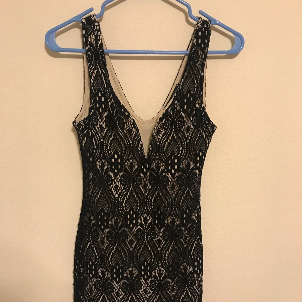 Foreign Exchange Lace deep V mini black dress